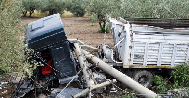 Şarampole yuvarlanan tır, elektrik direklerini yıktı