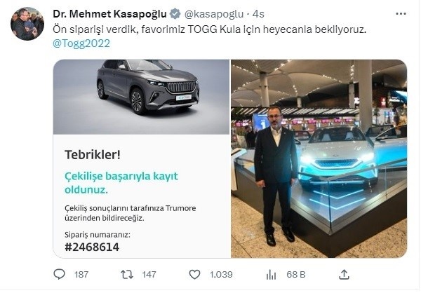 Bakan Kasapoğlu’nun TOGG tercihi memleketinin rengi Kula oldu