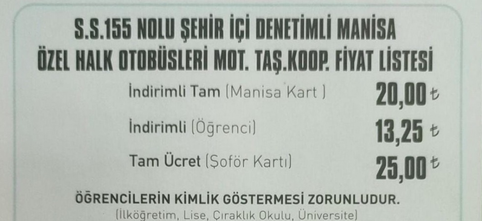 Manisa’da toplu taşıma zamlandı