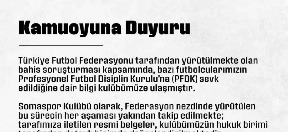 Somaspor’dan, PFDK’ya sevk edilen futbolcularıyla ilgili açıklama
