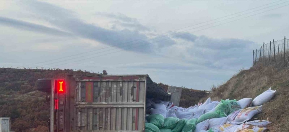 Gördes’te yem yüklü tır devrildi: 1 yaralı